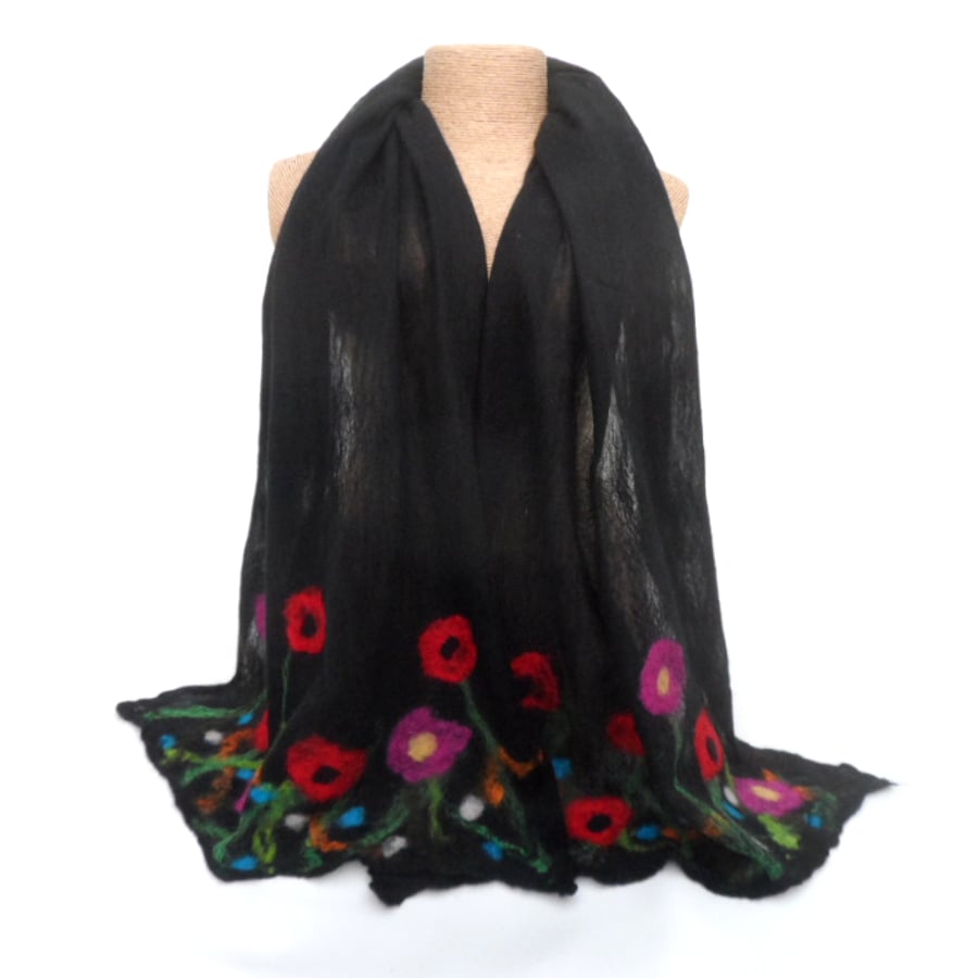 Black floral wool on silk nuno felted scarf