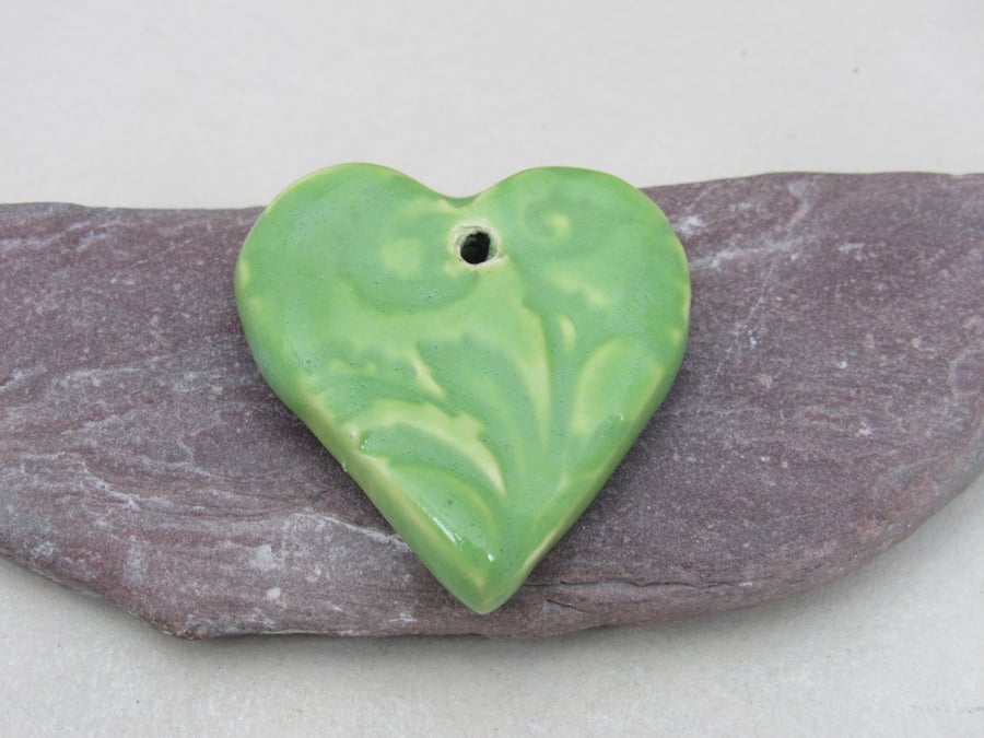 Medium Apple Green Brocade Texture Heart Shaped Ceramic Pendant