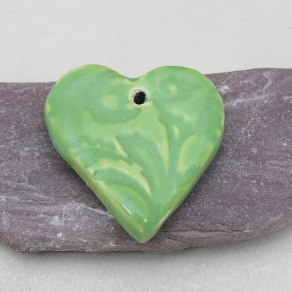 Medium Apple Green Brocade Texture Heart Shaped Ceramic Pendant