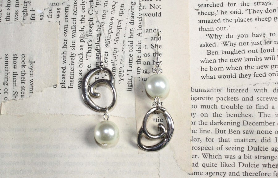 Pearl and Silver Tone Swirl Dangle Earrings