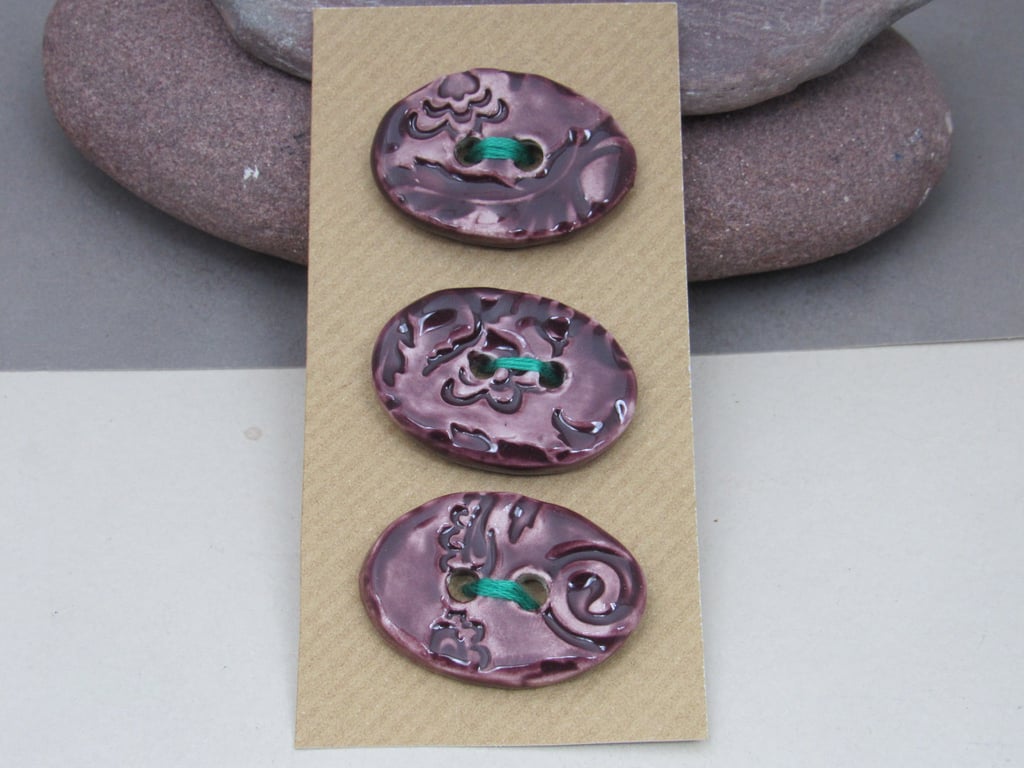 3 Medium Oval Aubergine Purple Brocade Pattern Ceramic Buttons