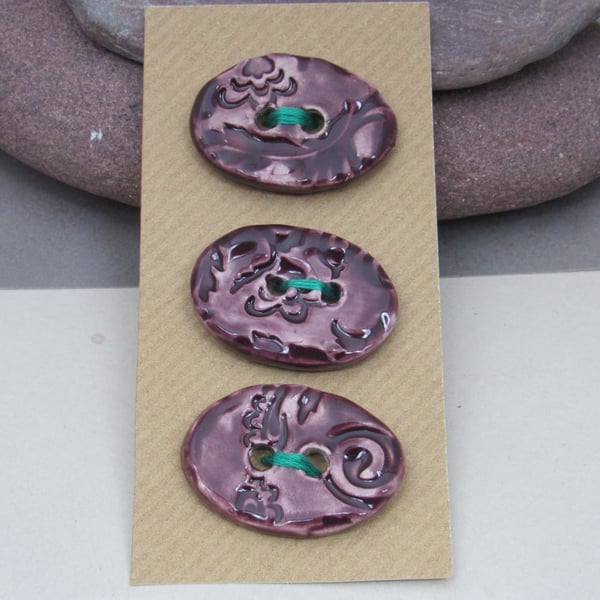 3 Medium Oval Aubergine Purple Brocade Pattern Ceramic Buttons