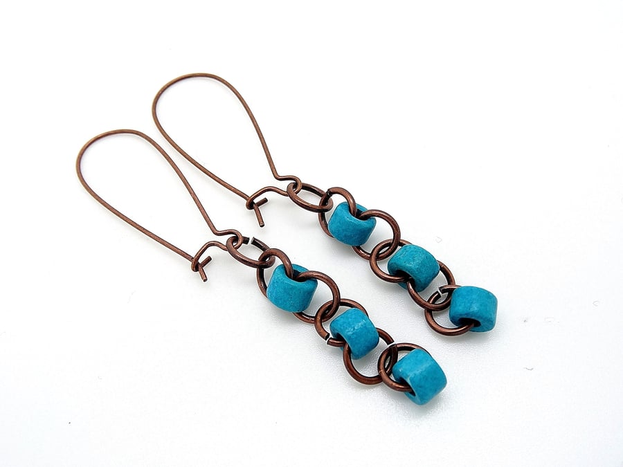 Earrings Turquoise Ceramic Tubes.