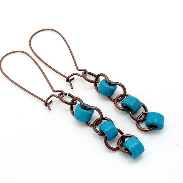 Earrings Turquoise Ceramic Tubes.