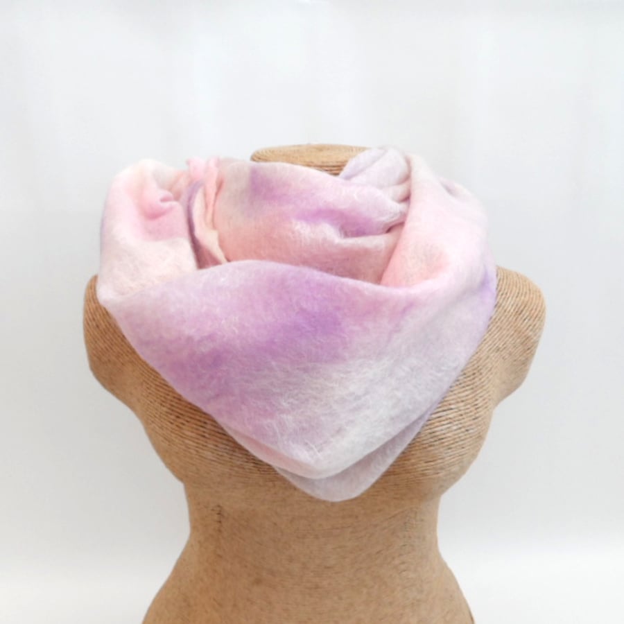 Pink and purple nuno felted wool on silk infinity scarf, cowl