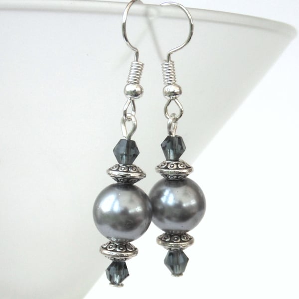 Silver shell pearl and blue crystal earrings, ideal birthday present