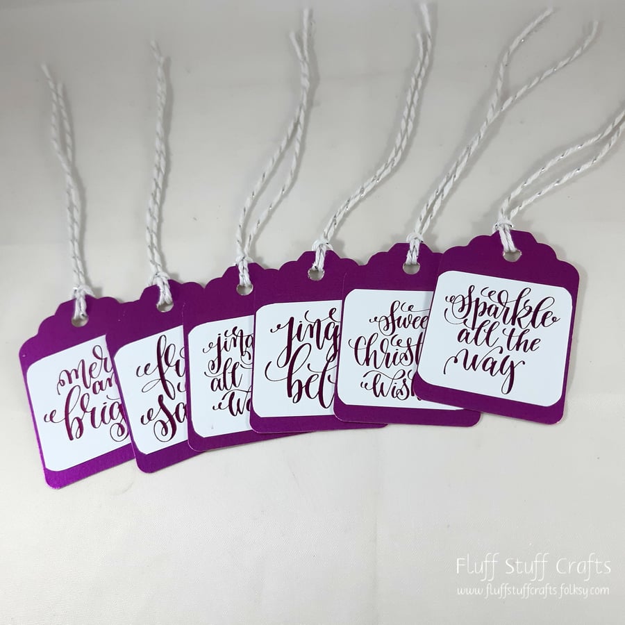 Pack of 6 Christmas gift tags - magenta swirly Christmas greetings