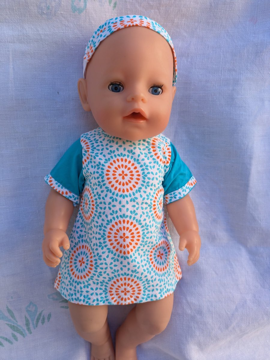 Orange and blue super summery Tiny Tears dolls dress, dolls outfit