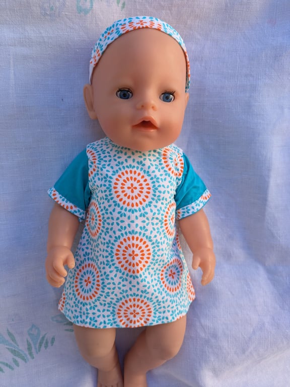 Orange and blue super summery Tiny Tears dolls dress, dolls outfit