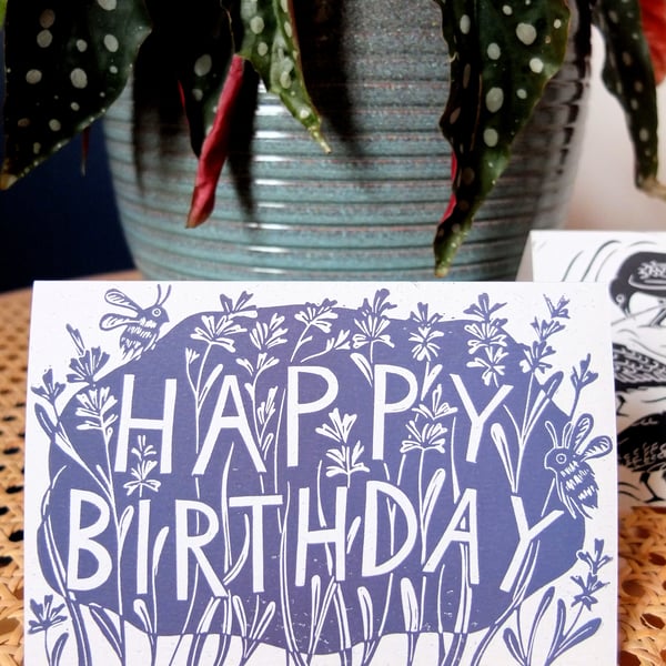 Happy Birthday hand printed lino blank card