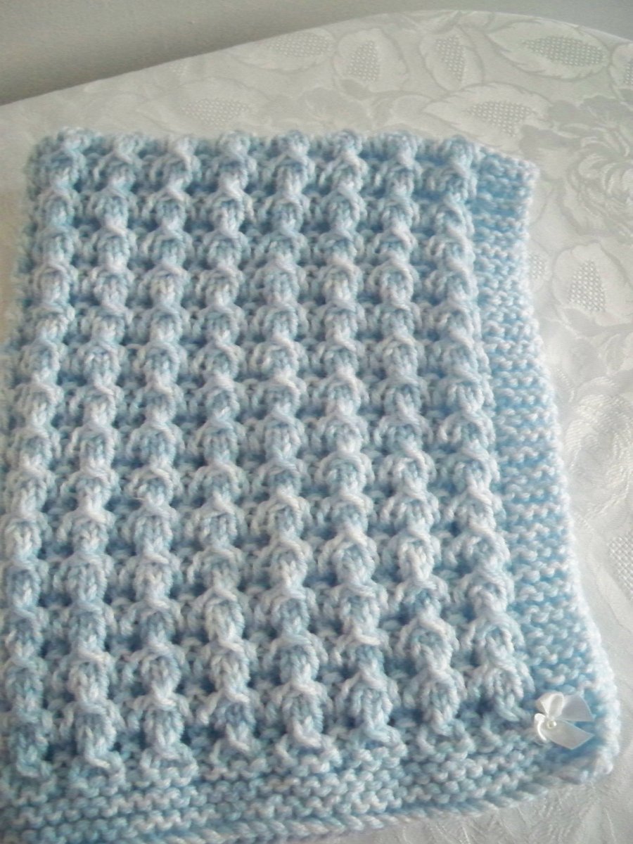 Beautiful hand knitted Blue and White chunky baby blanket MADE TO ORDER