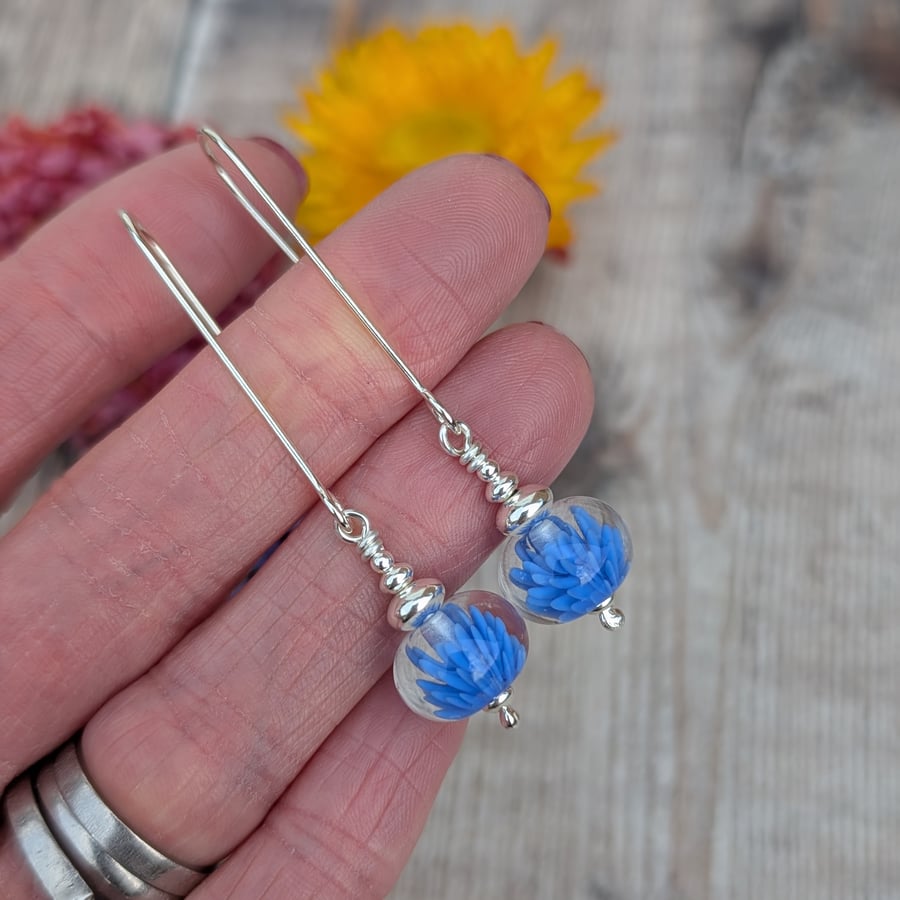 Sterling Silver Blue Anemone Flower Lampwork Glass Bead Earrings - JBJ6021