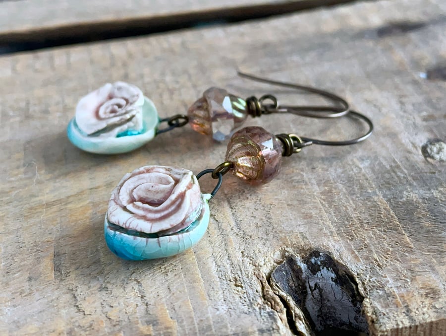 Handcrafted Ceramic Rose Earrings - Nature Inspired Jewellery, One of a Kind