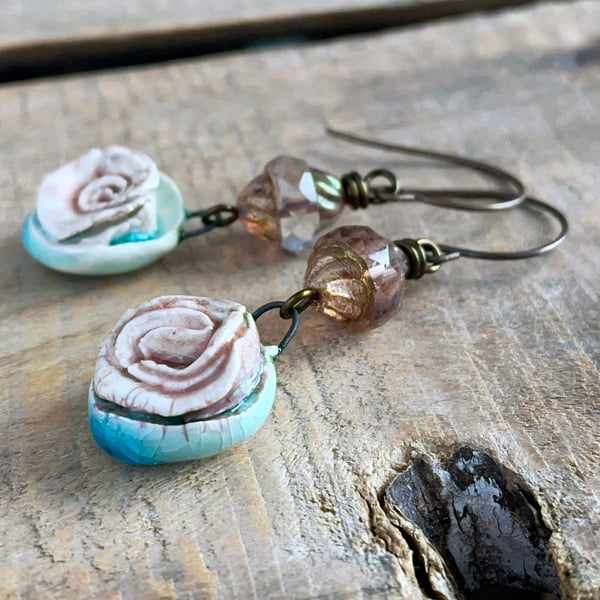 Handcrafted Ceramic Rose Earrings - Nature Inspired Jewellery, One of a Kind
