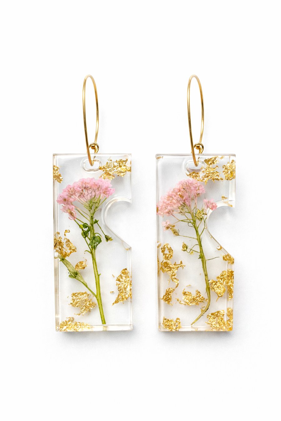 Large Pink Stem Flower Resin Earrings with Gold Leaf – Asymmetrical Botanical