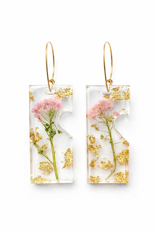 Large Pink Stem Flower Resin Earrings with Gold Leaf – Asymmetrical Botanical