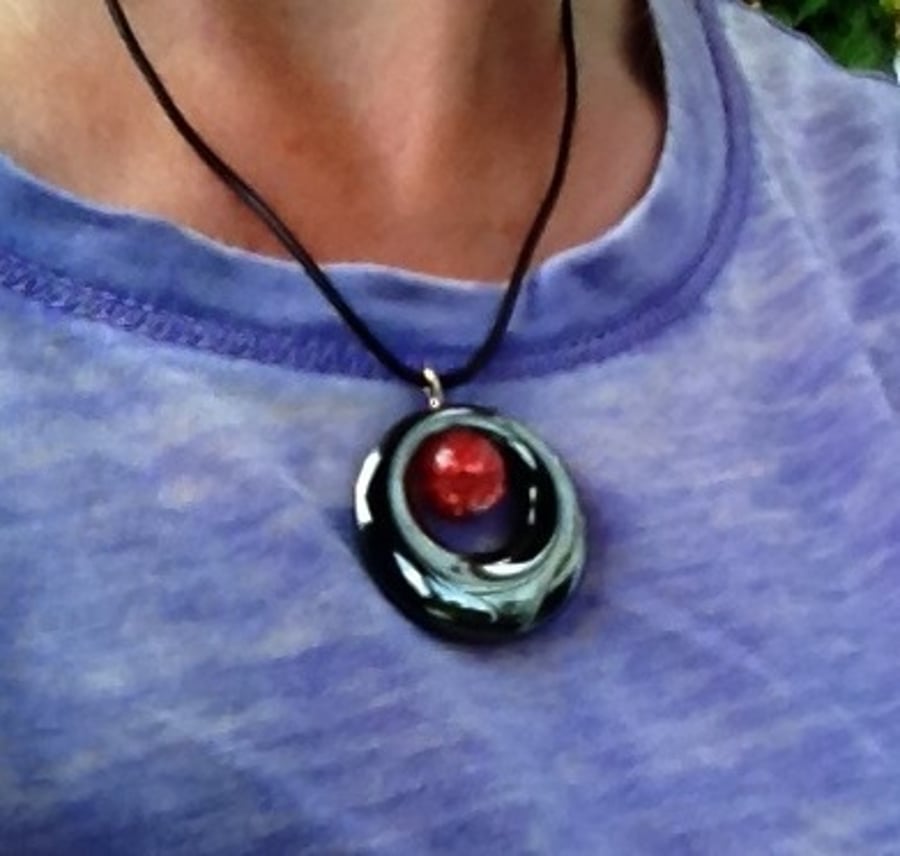 Black hematite and red crackle glass bead necklace