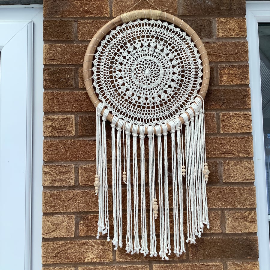 Crochet Dreamcatcher Wallhanging in a 40cm Rattan Hoop.