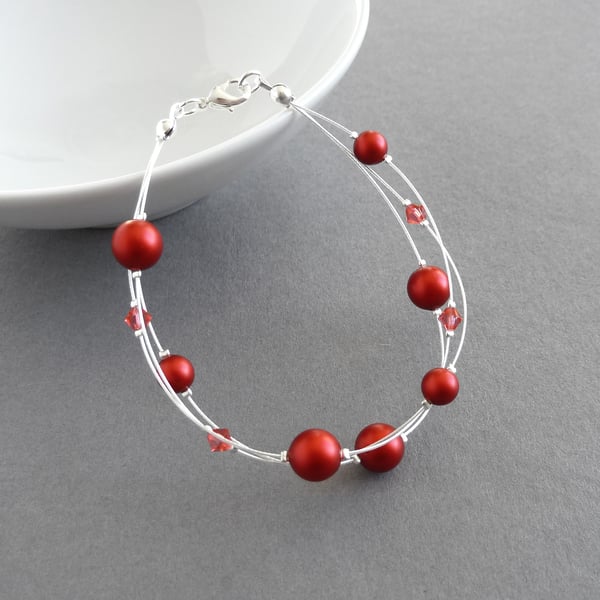 Bright Red Floating Pearl Bracelet - Dainty Christmas Red Multi-strand Bracelet
