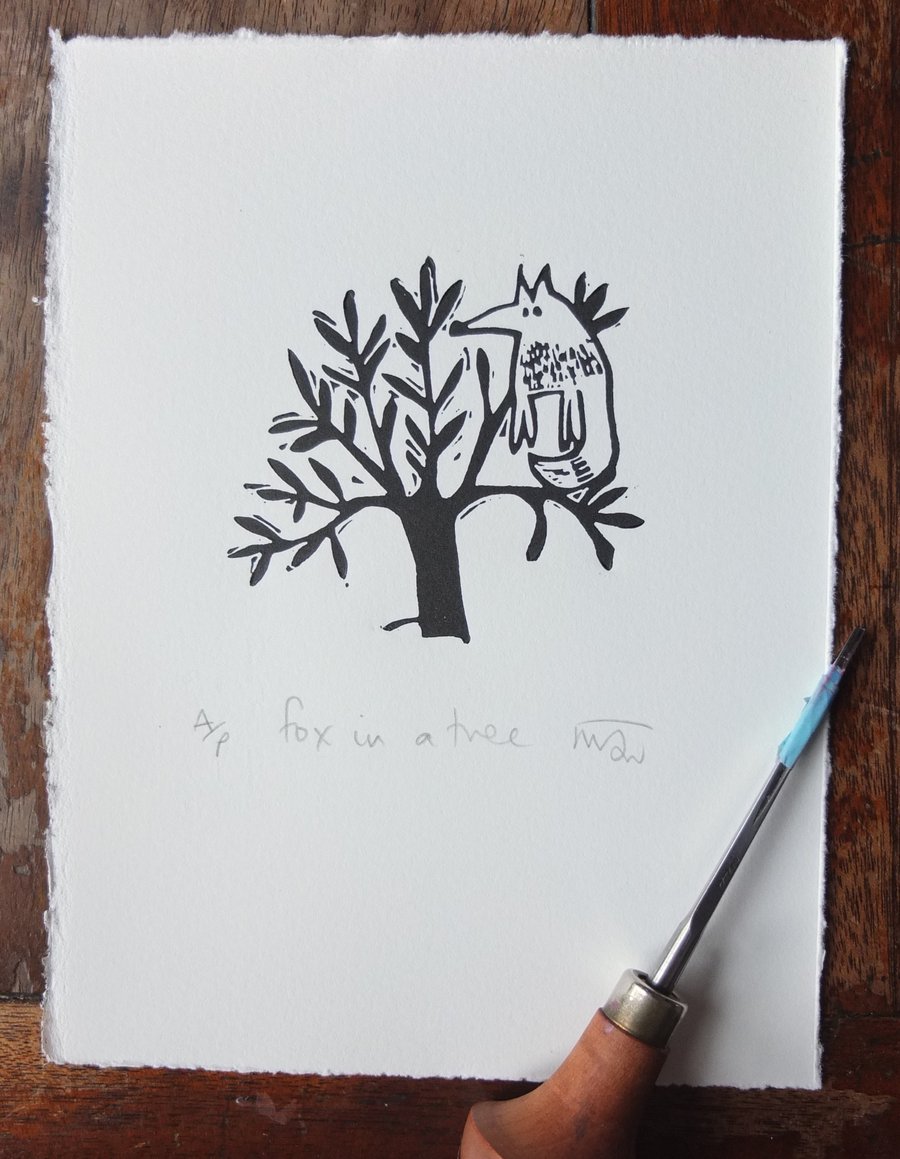 Fox in a Tree - lino cut print