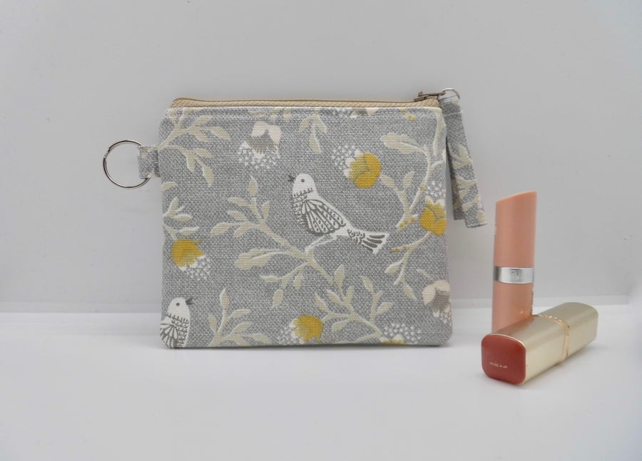 Purse or small make up bag in grey with cute birds