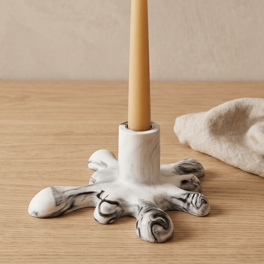 Smoky Grey Marbled Splat-Shaped Candlestick Candle Holder