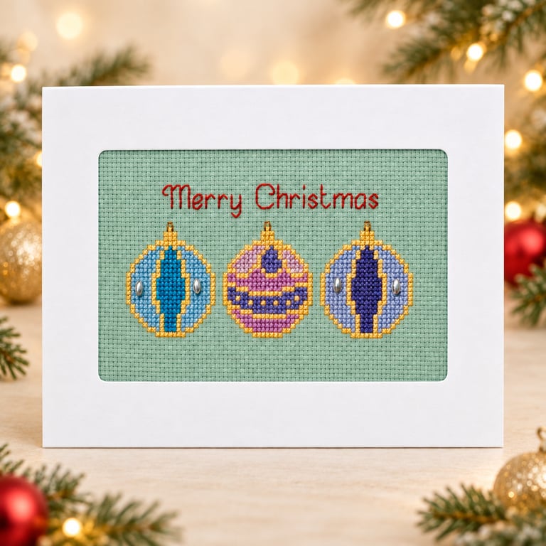 Handmade Cross-Stitch Christmas Card – Colourful Bauble Trio