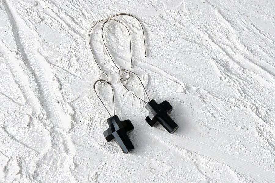 Silver Dangle Earrings Black Crystal Cross