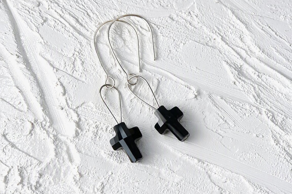 Silver Dangle Earrings Black Crystal Cross