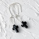 Silver Dangle Earrings Black Crystal Cross