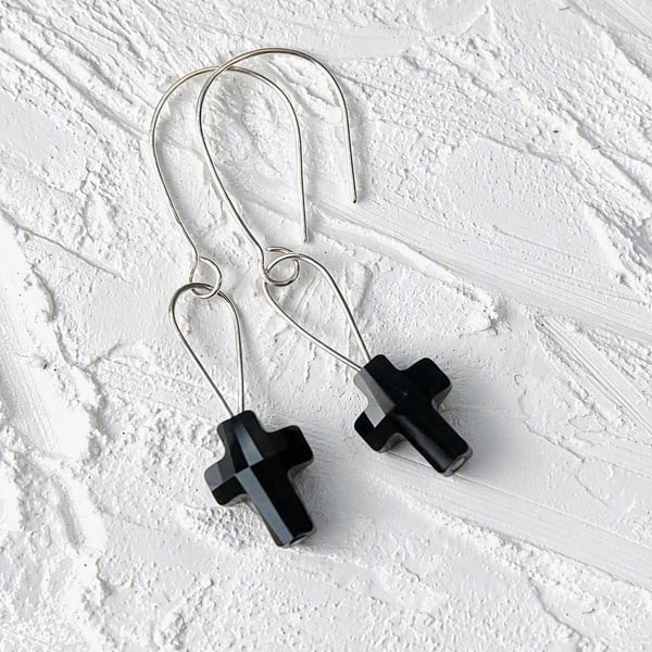 Silver Dangle Earrings Black Crystal Cross