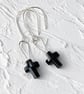 Silver Dangle Earrings Black Crystal Cross - Image 1