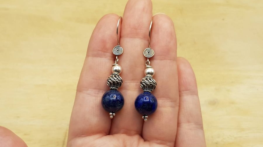 Lapis lazuli sphere earrings. Reiki jewellery. September birthstone