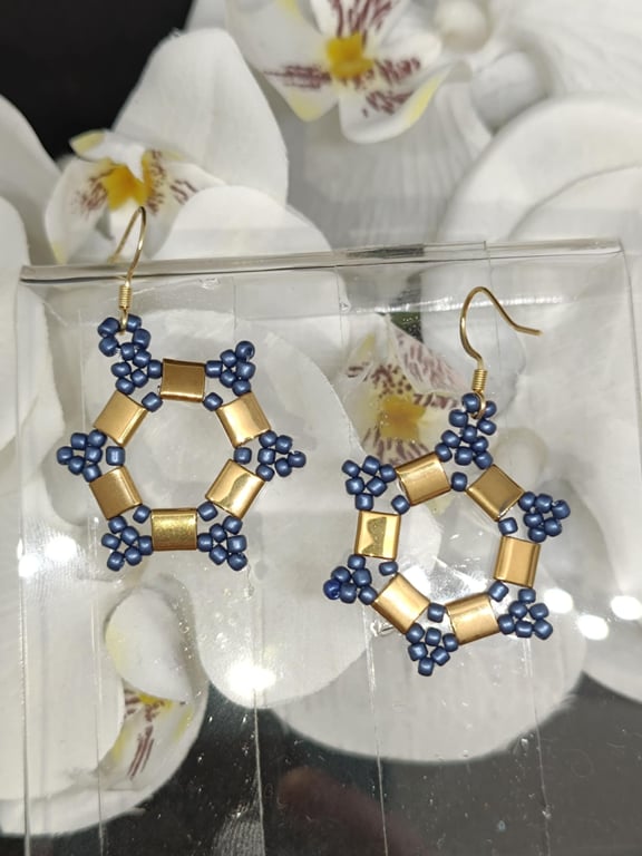 Star Beaded Earrings Handmade - Seed & Tila Beads  - Gold Plated Hooks 