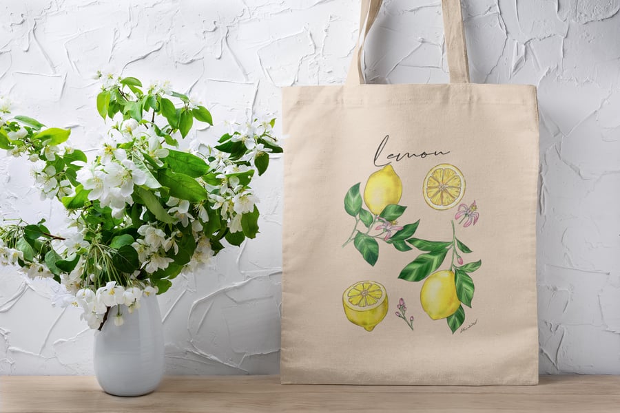 Lemon tote bag, Handmade tote bag, 100% Cotton, Floral recyclable tote