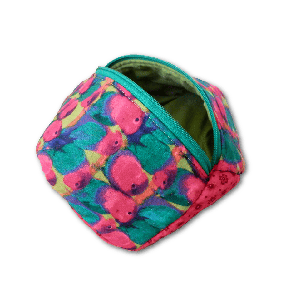 Lovebirds zipped pouch, make up bag, pink and green - quirky Biscornu style