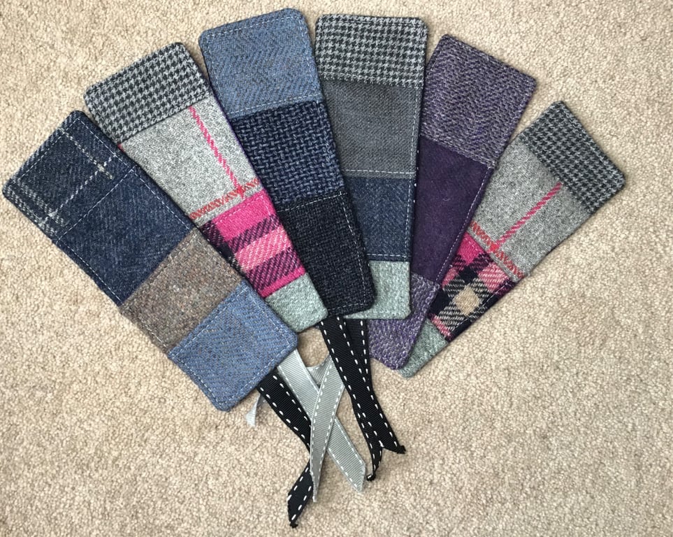 Tweed Bookmark, with cotton backing and ribbon , handcrafted. Save the Page .