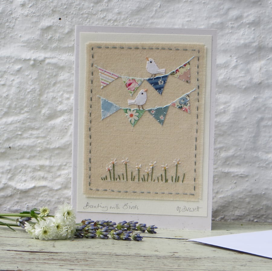 Bunting with Birds miniature hand-stitched textile on card for someone special!