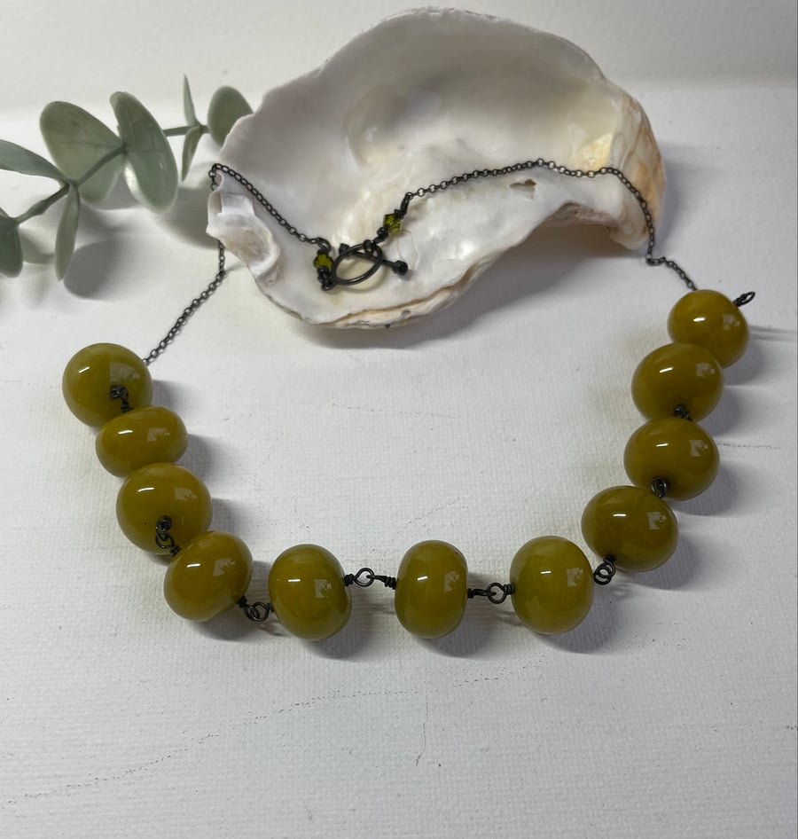 Chunky Serpentine Jade and oxidised silver necklace
