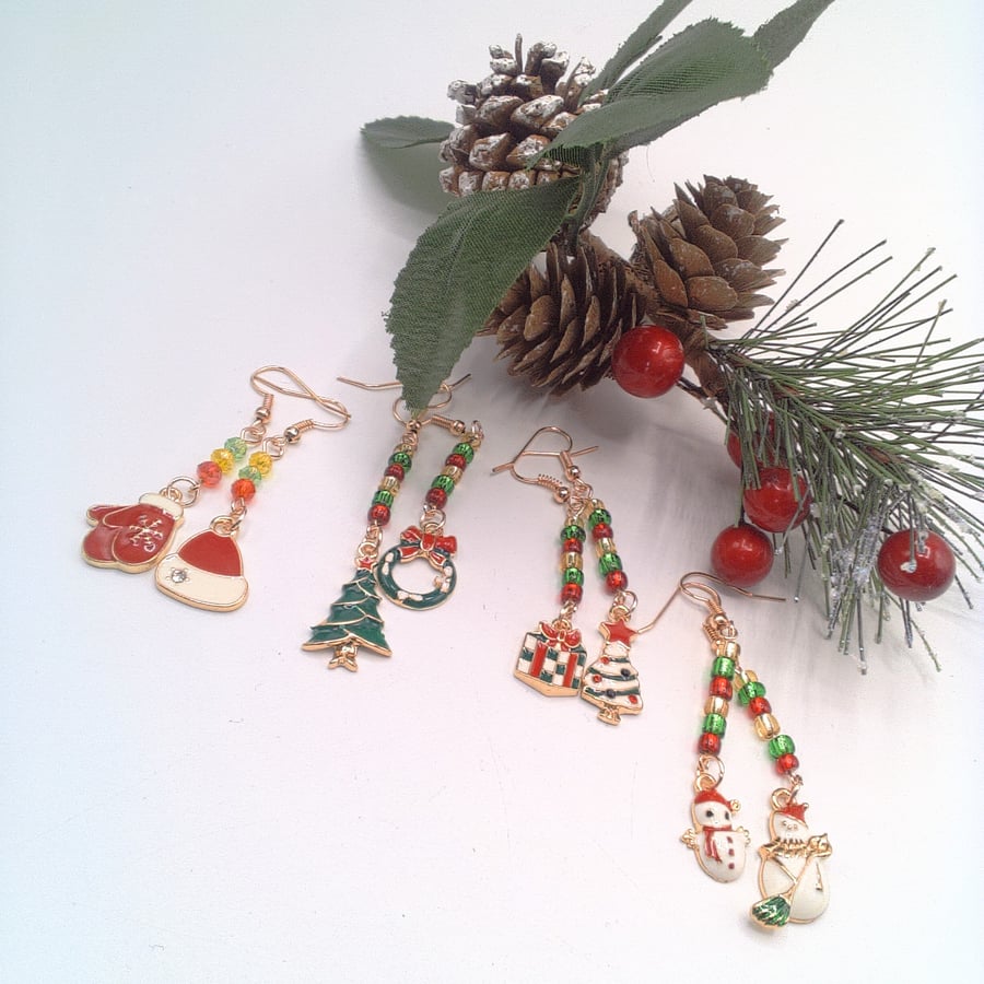 Mismatched Christmas Earrings, Secret Santa, Enamelled Charms, Secret Santa Gift
