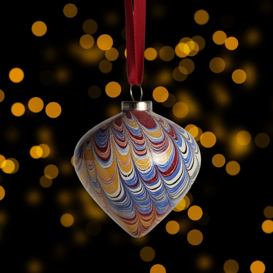 Hand marbled Christmas drop shape ornament bauble