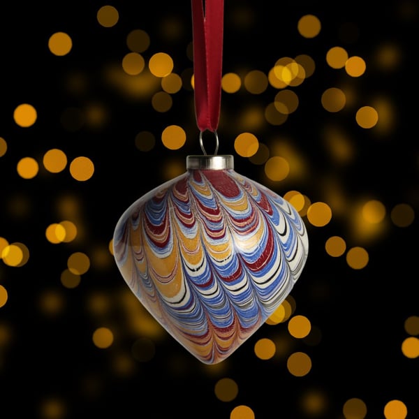 Hand marbled Christmas drop shape ornament bauble