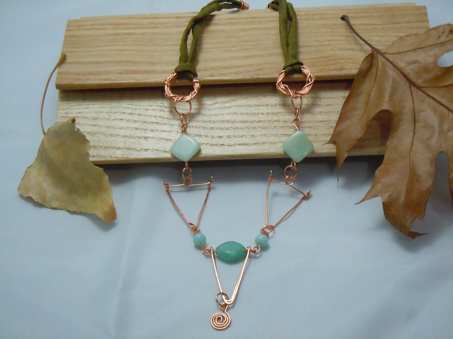 Copper triangles pendant necklace with Amazonite beads