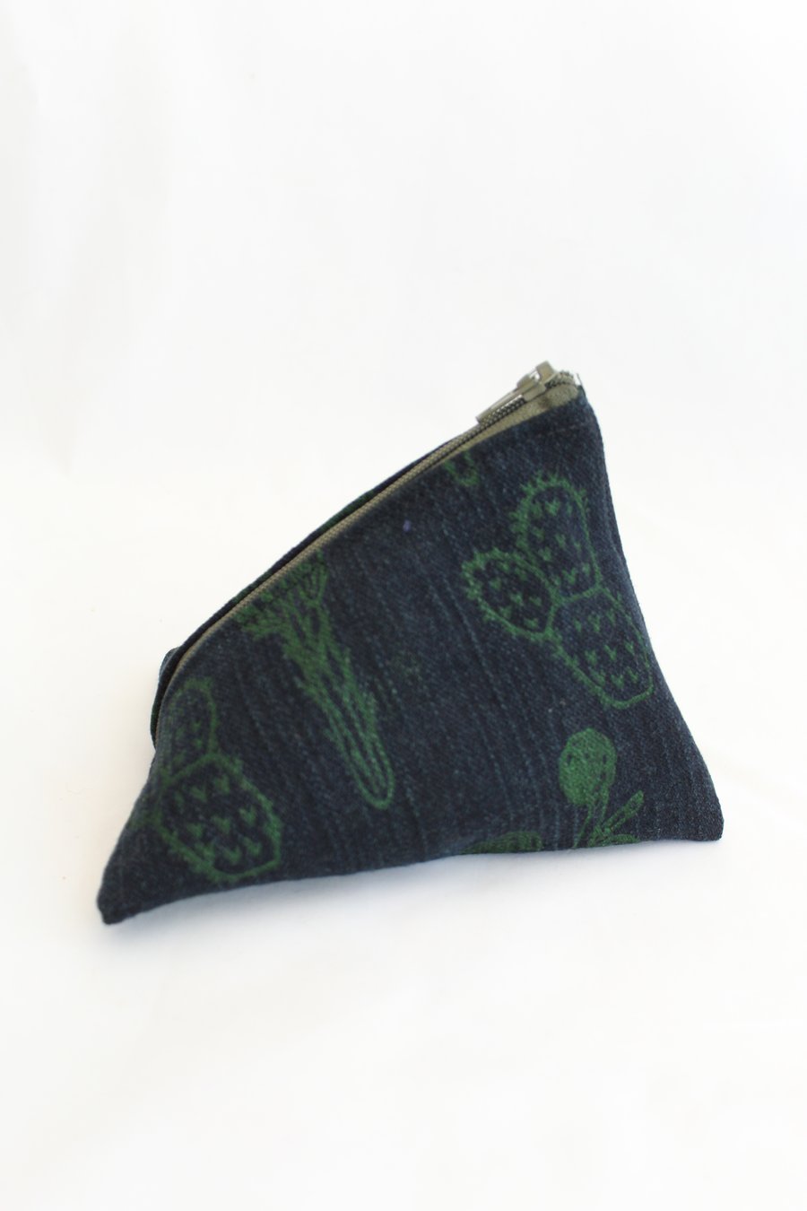 Denim pyramid purse, triangular green cactus print,Eco coin key pouch