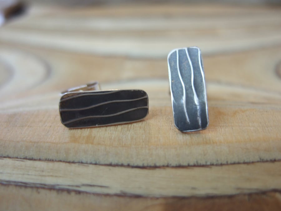 Oxidised Sterling Silver Striped Studs