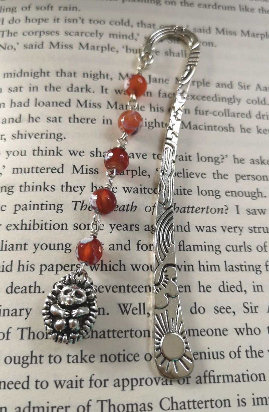 Hedgehog bookmark with orange agate beads