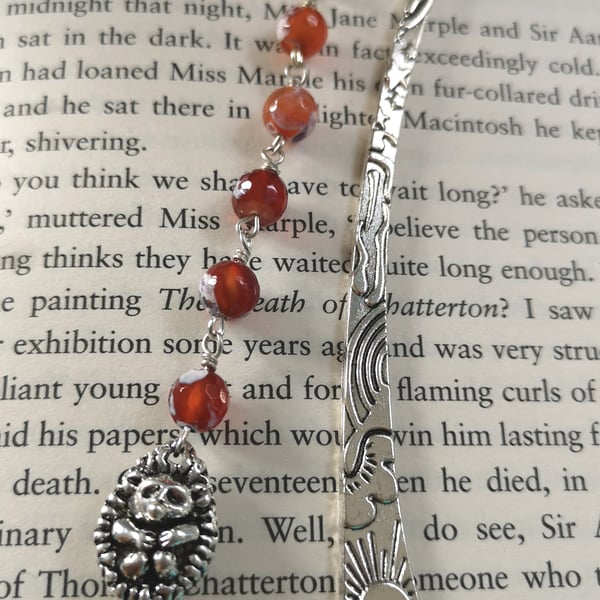 Hedgehog bookmark with orange agate beads
