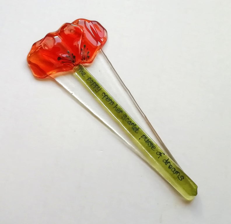 Handmade Fused Glass Poppy Stake: Garden Art with Inscription