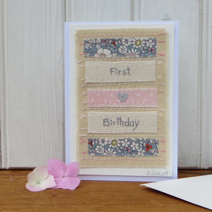 First Birthday card hand-stitched, pretty Liberty fabrics with a tiny heart