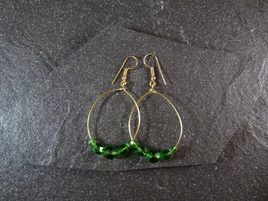 Large Hoop Earrings - Green Faceted Glass - 40mm - Gold Colour